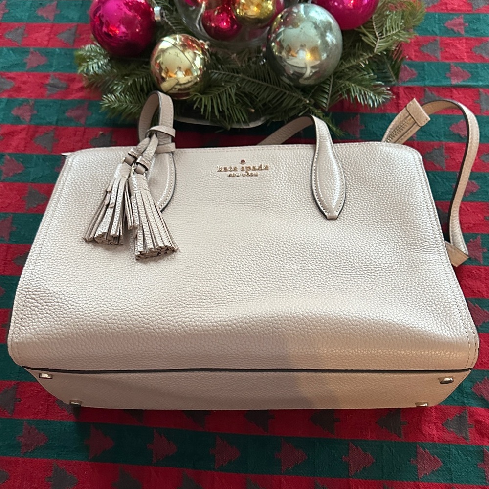 Kate Spade Cream Pebble Leather Satchel with Top Zip and Tassels